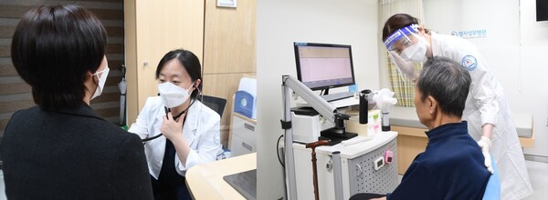 명지성모병원이 만성폐쇄성폐질환·천식 적정성 평가에서 1등급을 획득한 가운데, 호흡기 질환 전문의 조민주 과장(왼쪽)이 환자 진료를 보고 있다.​​