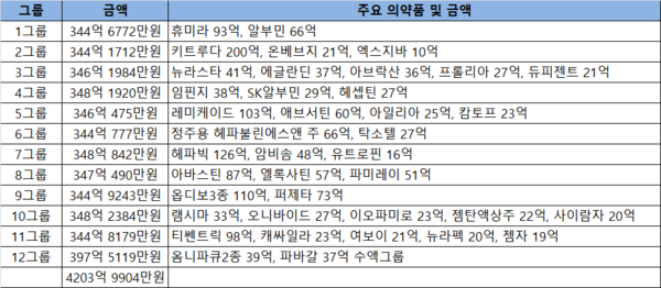 2023년 서울아산병원 의약품 입찰 그룹별 규모 및 주요 품목<br>