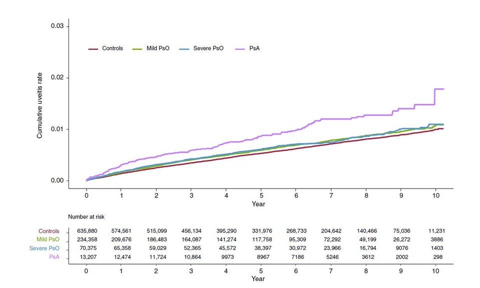 [그림] 건선 중증도 및 유형에 따른 시간별 포도막염 발병 위험도(비건선 환자부터 경증 건선, 중증 건선, 건선관절염 순서로 포도막염 발병 위험이 높다)*Controls : 비건선 환자(대조군) / PsO : 건선 / PsA : 건선관절염