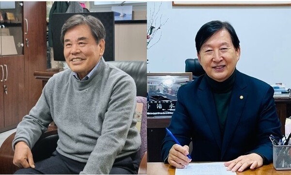 남상규(사진 좌), 박호영 후보가 의약품유통협회장 후보 등록을 마치고 당선 의지를 피력했다.
