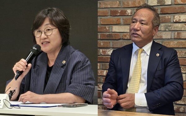 올특위 출범을 발표하는 최안나 의협 대변인(왼쪽)과 기자들과 인터뷰하는&nbsp; 황규석 서울시의사회장