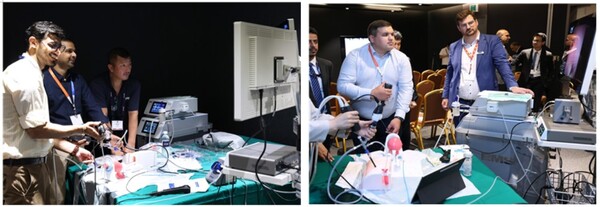 세계 비뇨 내시경기술 학술대회서 다인메디컬그룹 우루스와 EMS 트릴로지를 이용한 워크숍하고 있다.