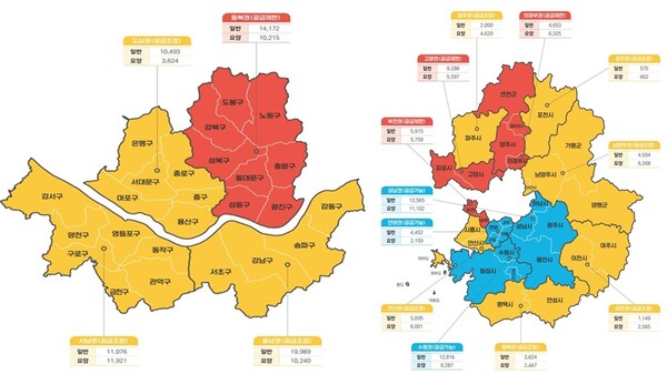 서울(왼쪽)과 경기도의 진료권 지역별 병상수급관리계획