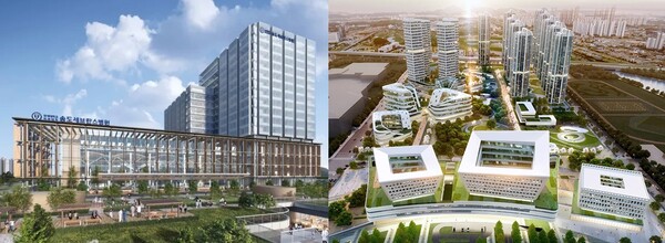 송도세브란스병원 조감도(왼쪽)와 서울아산청라병원 조감도