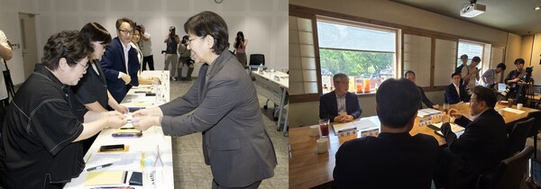 정은경 장관의 환자·소비자 단체 간담회(왼쪽)와 수련협의체 제3차회의 전경.