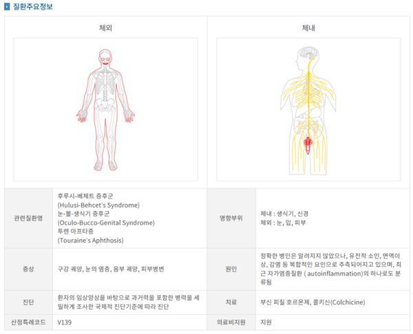 베체트병 주요 정보(출처: 희귀질환 헬프라인)