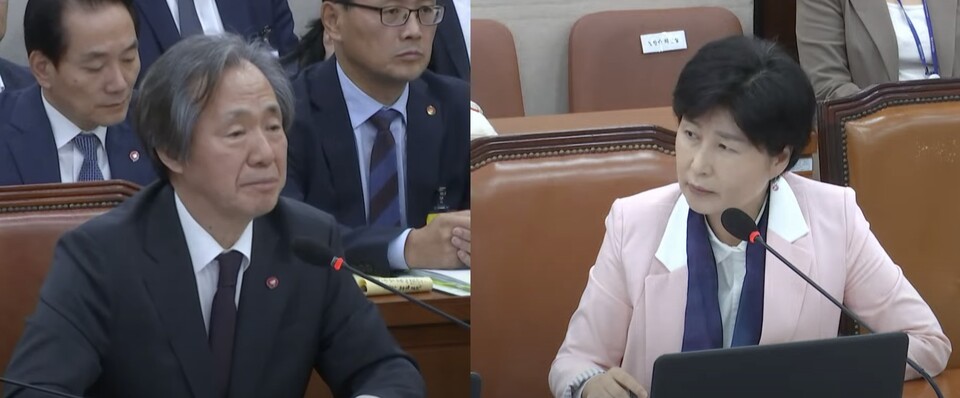 왼쪽부터 정기석 이사장, 백혜련 민주당 의원. [사진=국회방송 갈무리]