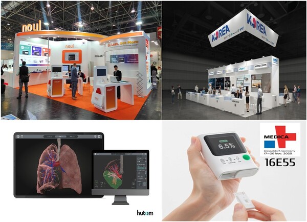 (왼쪽 상단부터 시계방향으로) 노을 메디카 부스,&nbsp;원주의료기기산업진흥원 부스 모습,&nbsp; <br>오렌지바이오메드 당뇨 진단기, 휴톰&nbsp;AI 폐절제술 보조 솔루션 ‘RUS Lung’